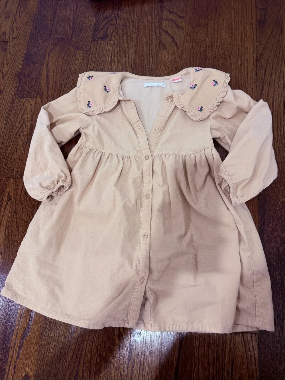 Zara Girls' Corduroy Button-Front Dress with Embroidered Collar - Cream